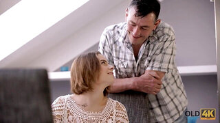 Chesty European teeny rides big mature cock