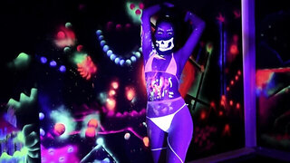 Boy stretches skinny nymph who is covered in fluorescent dye