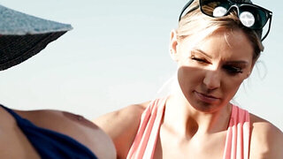 Sunbathing brunette stunner finds a way to make this blonde cum