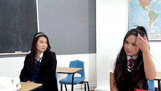 Girls with tight bodies take turns with their teacher