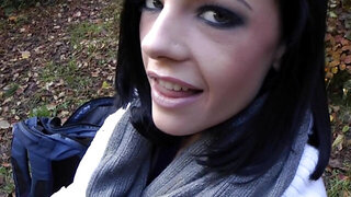 Brunette slut gets her vagina fucked right in the public forest