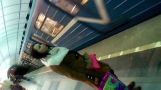flashing and cumshot for sexy teen girl in stockings at subway car