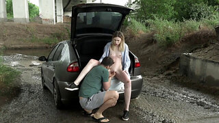 Car hood pussy licking and fingering under highway bridge