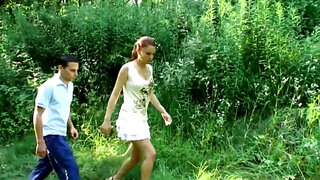 Men fuck masturbating chick in the wild forest