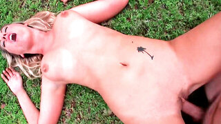 Blue eyed blonde is getting naked to exercise outside