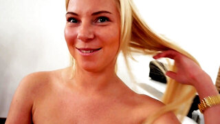 Bewitching blonde is giving head and pussy on the interview