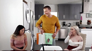 Thick blonde is learning about threesomes with an Asian