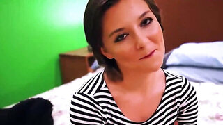 Adorable brunette with sexy hair sucking a fat cock