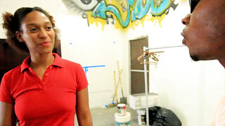 Curly haired ebony worker kneels for deepthroat on huge bbc