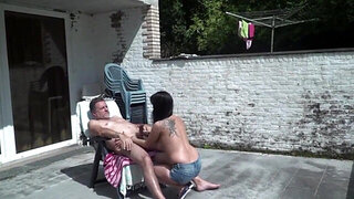 Teasing neighbor girl is going to fuck an old guy