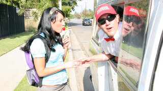 Brunette slut gets doggy style fucked for free ice cream