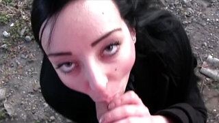 Bad brunette with a bird-like face gets to fuck in public