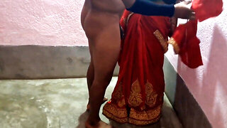Big Indian wife gets fucked hard against the wall in red sari