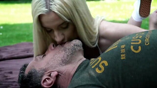 Old man fucks a blonde hottie in public, on all fours