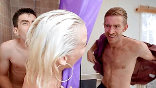 Blonde with huge tits has two dicks to play with