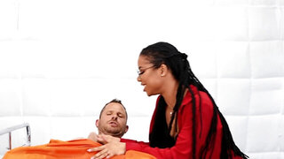 Skinny black doctor takes care of criminal's ragging boner