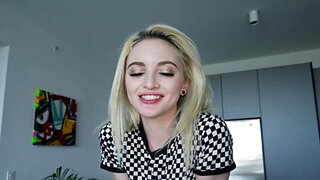 Dorky blondie with a trimmed pussy rides a fat one