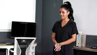 Brunette with a great body lets him punish her little kitty