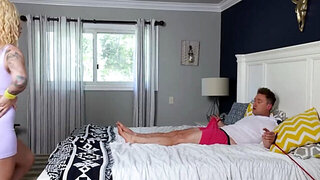 Big boobs blonde shows her crotch to get him hard AF