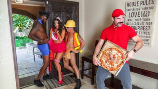The pizza delivery guy rings extra sausage to the chicks