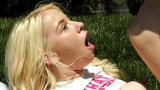 Blonde is in a garden enjoying good weather and her partner's stiffness