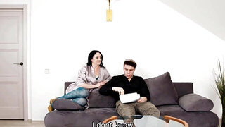 Chubby older gal gets fucked by a younger stud on a couch