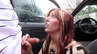 Thick MILF sucks cock behind the wheel and craves sperm on tits