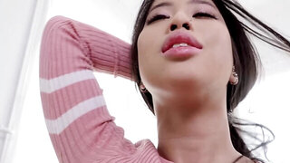 Man nails Asian with touchable boobs under pink sweater