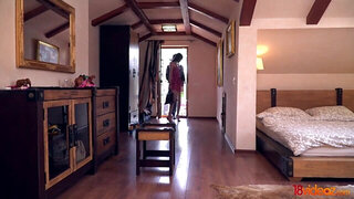 Excited guy nails slender girlfriend all over bed