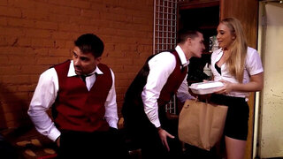 A blonde with a pretty mouth is fucked while she is on her knees