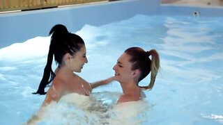 Czech babe Lilly Bella cums in the sauna swimming pool