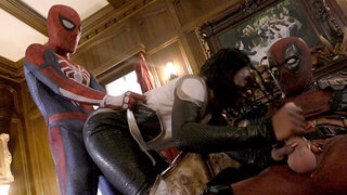 Black babe is fucked by two horny guys at the cosplay party