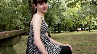 Amateur babe in a fishnet onesie bends over to toy her muff