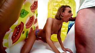 Slender blonde is about to bang her big boyfriend