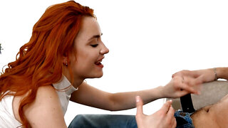 Ginger cutie smiles while gigantic cock is pounding mouth