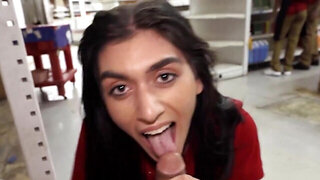 Cute brunette gets fucked between the aisles like a slut