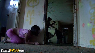 Amazing brunette slut in hot DP encounter with three cocks