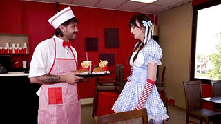 Pigtailed babe with a fit figure fucked in a cafe