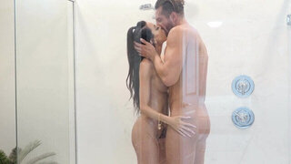 Soapy foreplay at the shower makes hot brunette wanna fuck