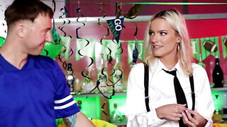 Blonde with a tight hole gets to take two dicks at once