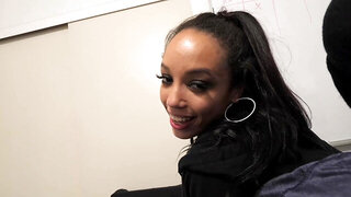 Cute brunette Alexis Tae playing with two stiff dongs