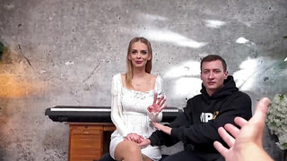 Skinny Czech GF deepthroats a huge cock in front of her BF