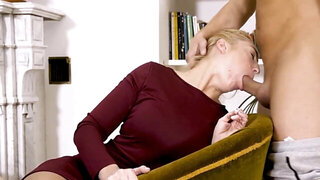 Blonde lady looks tired yet she takes his dick very well