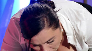 Chubby cock sucker bounces on a man's massive erect penis