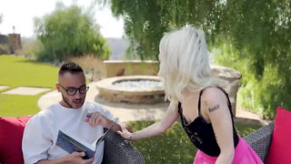 Short blonde Emma Rosie riding a tall, hung fellow