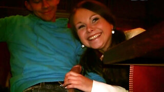 Amateur brunette is offered some money in exchange for a blowjob