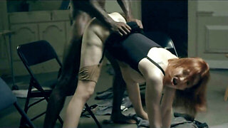 Redhead slut gets used rough in a dark interracial fuck