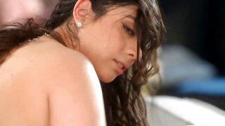 Busty brunette takes double penetration and rough oral