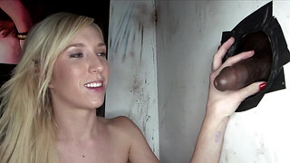 Pretty blonde needs to make eight guys happy inside a glory hole