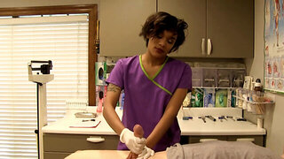 A naughty nurse grabs patient by the cock to milk it